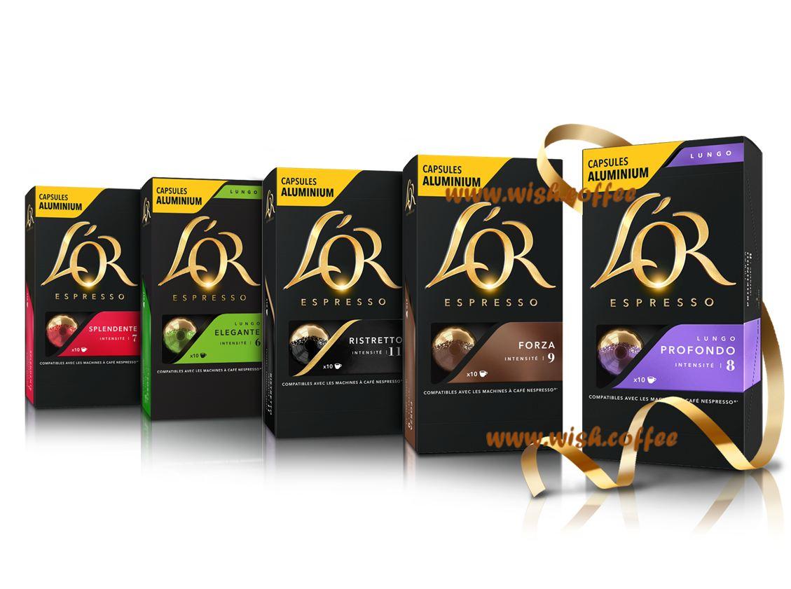 Кава в капсулах Nespresso L'or Assorti : Ristretto - Forza - Splendente - Profondo - Elegante (5 видів упаковок по 10 капсул)