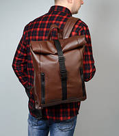 Чоловічий коричневий рюкзак роллтоп рол з екошкіри міської, офісний, ділової, для ноутбука 15,6