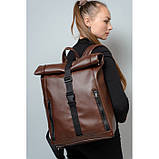 Зручний жіночий рюкзак роллтоп чорний екокожа (якісний кожзам) міський, повсякденний, фото 7