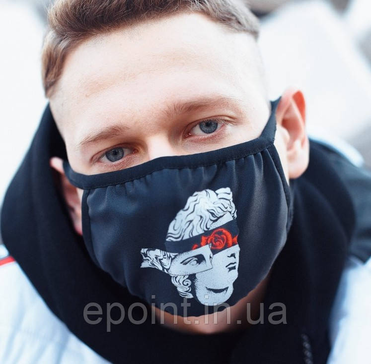 Захисна маска для обличчя, чорний колір, багаторазова з великим принтом білого кольору Образ ренессансу