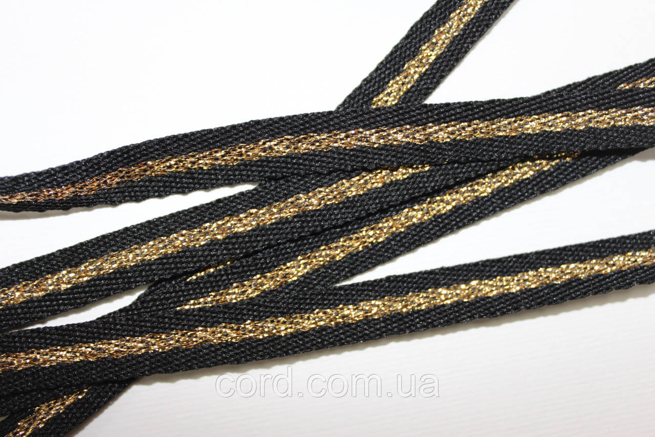 Тесьма Стрічка кіперна 10мм чорний+1п золото бобіна 50м, фото 1