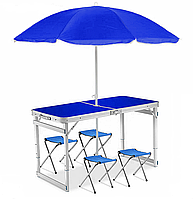 Посилений складаний стіл + 4 стільця + Синій зонт з синім