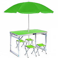 Усиленный складной стол + 4 стула + зонт Салатовый с зелёным