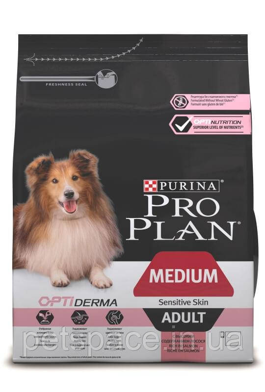 Корм Pro Plan Medium Sensitive (Про План для середніх порід з чутливою шкірою, лосось), 14кг.
