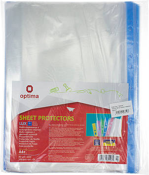 Файл А4+ "Optima" №O35108-02 40мкм гладкий,з синьою стрічкою(100шт/пач.)(20пач./ящ.)