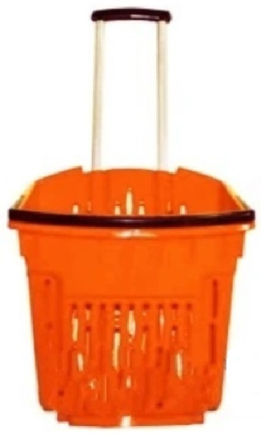 Кошик купівельний пластиковий на колесах з висувною ручкою об'ємом 38 літрів, помаранчевого кольору, фото 1