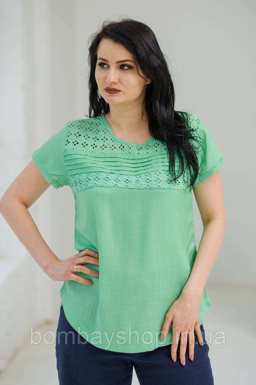 Стильна літня жіноча ажурна штапельна блуза салатового кольору №2011-1