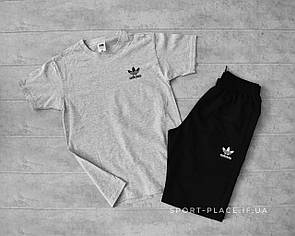 Літній комплект шорти і футболка Adidas (Адідас) (сіра футболка , чорні шорти) маленький логотип