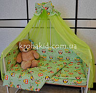 Набор детского постельного белья в кроватку совушки мелкие салатовый / Бортики в кроватку / Защита в манеж