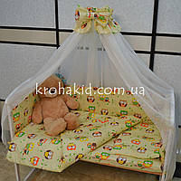 Набор детского постельного белья в кроватку совушки мелкие бежевый / Бортики в кроватку / Защита в манеж