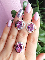 Срібний набір кільце та сережки з рожевими каменями