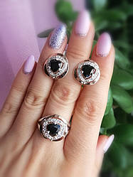 Срібні кільце та сережки — комплект із чорними каменями