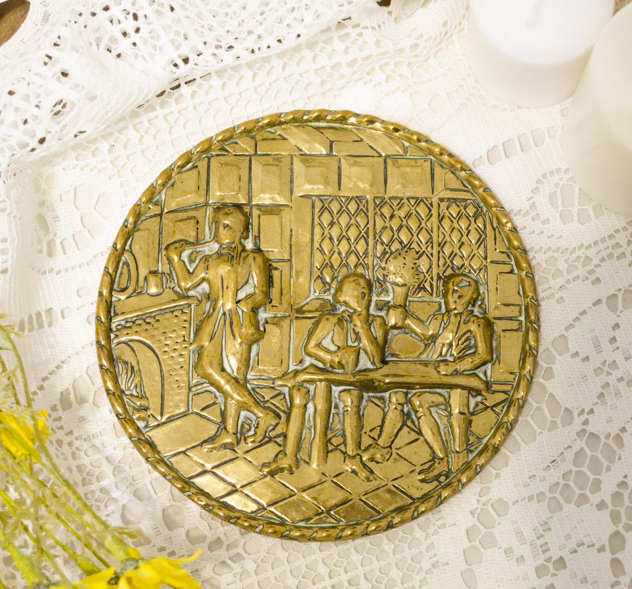 Старе латунний настінний панно, ручна робота, латунь, Англія, трактир