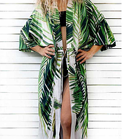 Молодіжна туніка-халат біла пляжна з бавовни для дівчат, принт пальмове листя, розмір M, L.