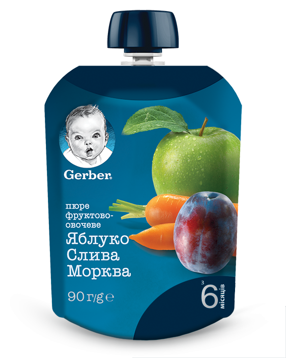 Пюре фруктово-овощное яблоко-слива-морковка Gerber® (Гербер) с 6 месяцев ,пауч 90г - фото 3 - id-p776309091