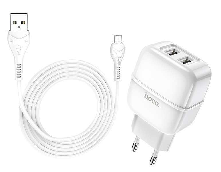 Адаптер мережевий HOCO Micro USB cable Highway C77A 2USB, 2.4 A, білий