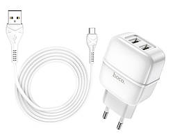 Адаптер мережевий HOCO Micro USB cable Highway C77A 2USB, 2.4 A, білий