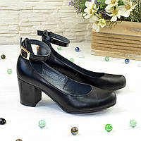 Туфли кожаные женские на устойчивом каблуке, цвет черный