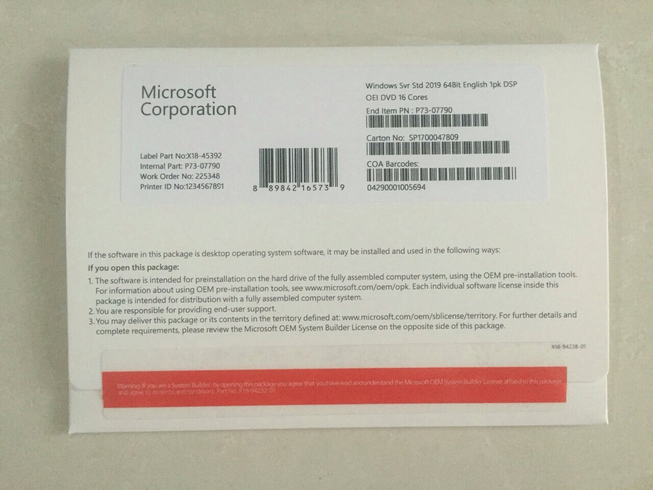 Microsoft Windows Server 2019 Standard Edition x64 16 Core DVD ОЕМ (P73-07790)