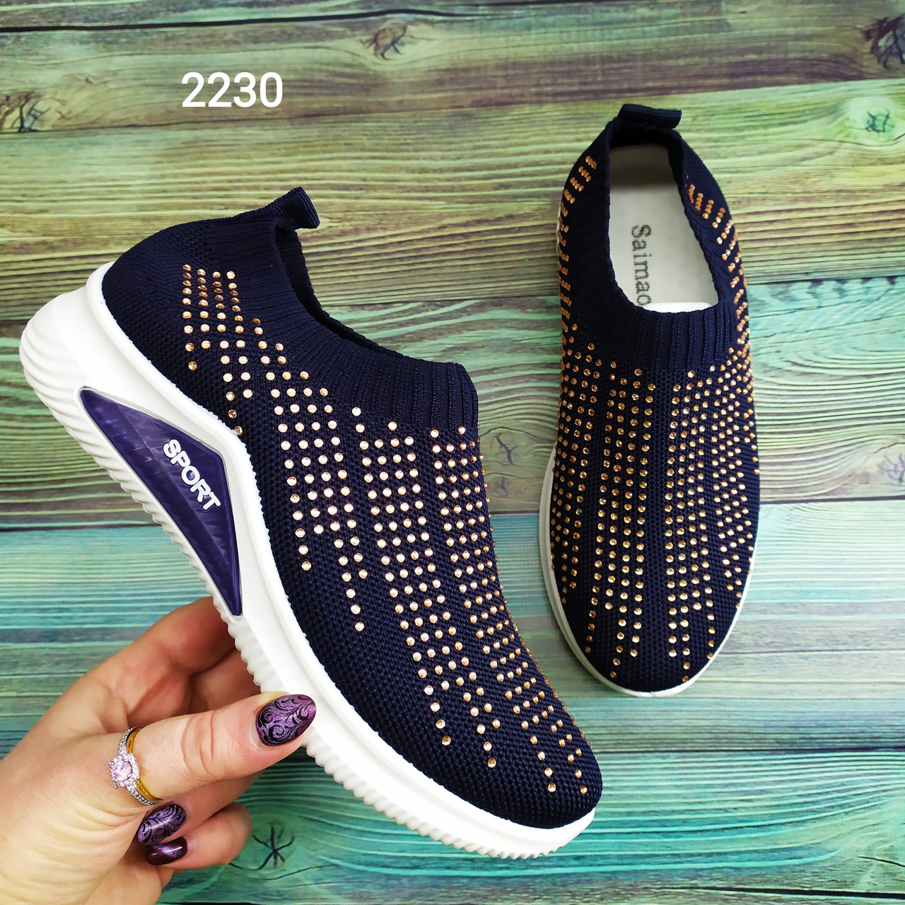 Жіночі кросівки мокасини текстильні темно-сині в стразах, фото 1