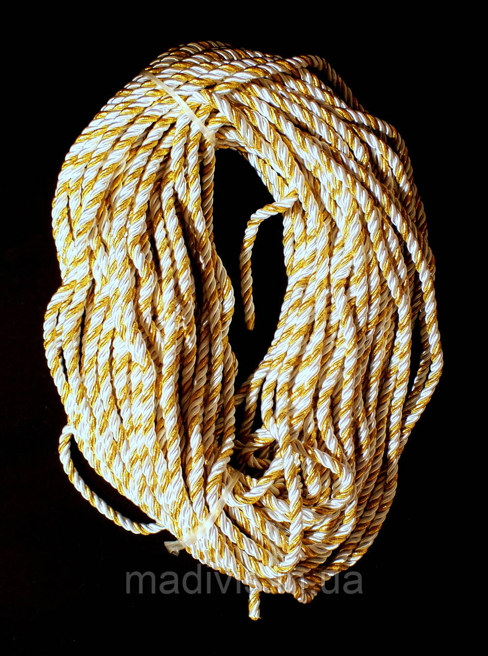 Декоративний канат для натяжних стель 11 мм. 47 м. БІЛИЙ капрон із ЗОЛОТОЮ парчою, фото 1