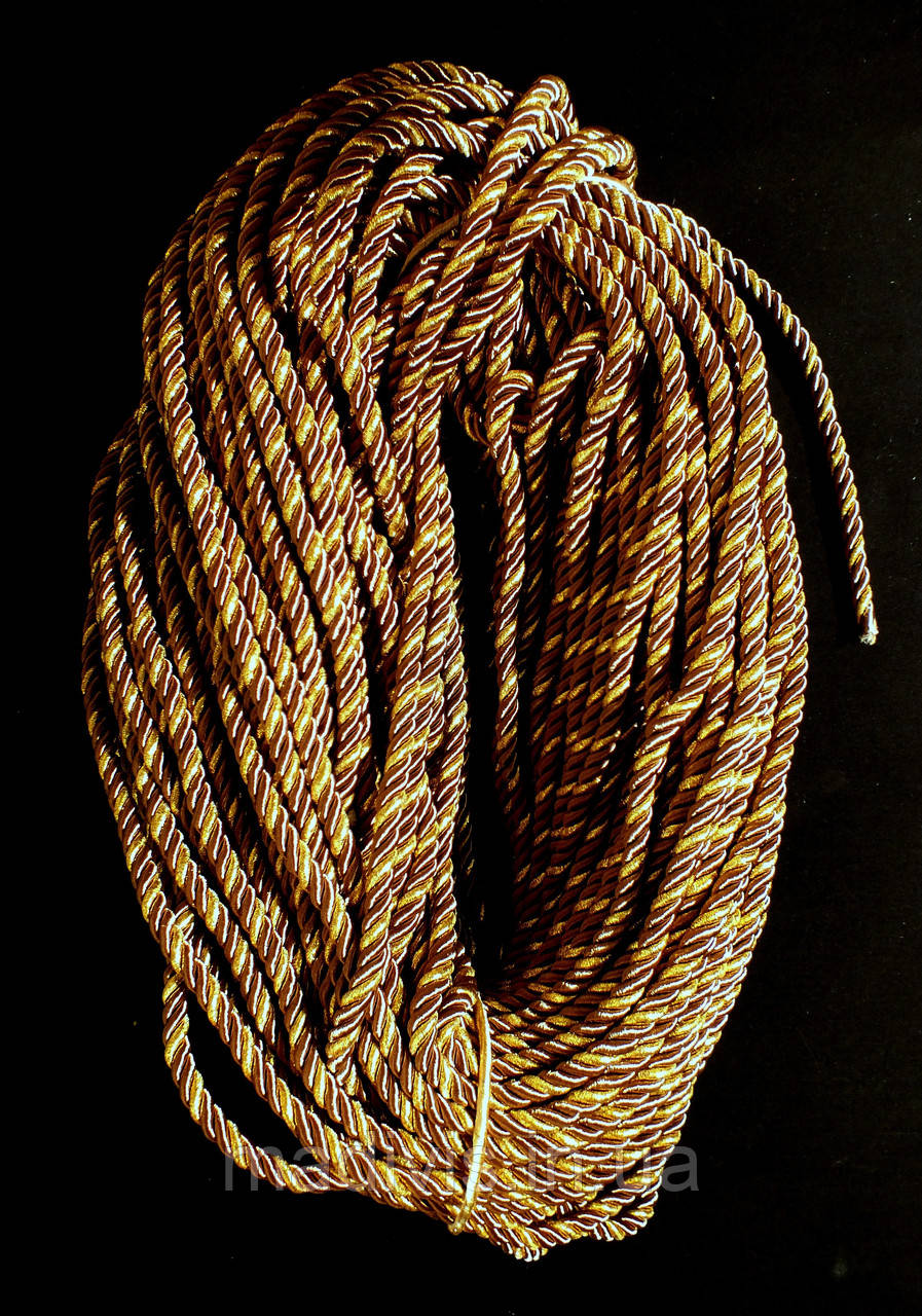 Декоративний канат 11 мм. , 94 м. КОРИЧНИЙ капрон із ЗОЛОТОЮ парчою, фото 1