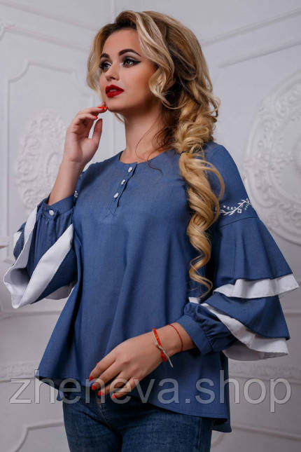 Блуза синя стильна молодіжна з вишивкою, рукав волан, фото 1