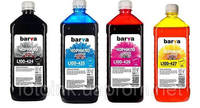 Чорнила BARVA для Epson L456, L486, L550, L555, L566, L3050, L3070, L3060 комплект 4х1кг, (I-BAR-E-L100-1-4)