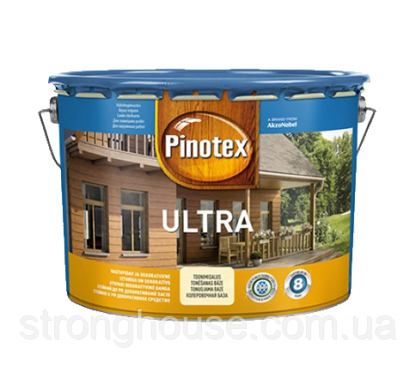 Pinotex Ultra Lasur 10 л Пінотекс Ультра Лазур (тик, калюжниця, орегон, горіх, червоне дерево, палісандр). Лак