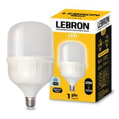 LED лампа LEBRON L-А80, 20W, Е27, 6500K, 1800LM, кут 240°