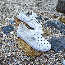 Білі кеди на липучці дитячі літні шкіряні перфорація без шнурків кросівки, фото 2