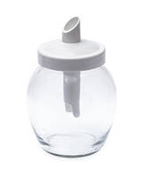Сахарница стеклянная 395 мл круглая с белым пластиковым дозатором Everglass