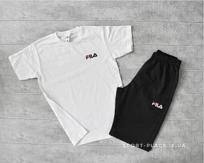 Літній комплект шорти і футболка Fila (біла футболка , темно сірі шорти з білим лого) маленький логотип