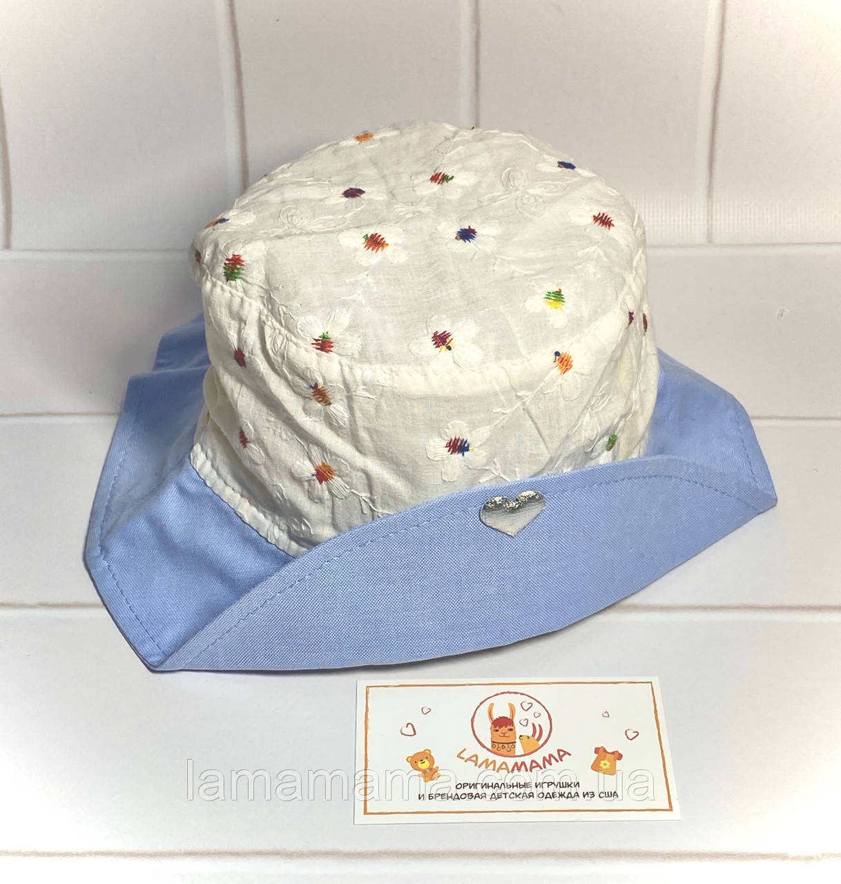 Легка літня бавовняна панама на зав'язках для дівчаток Флорі синій Babasik, фото 1