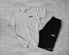 Літній комплект шорти і футболка Fila (сіра футболка , чорні шорти) маленький логотип