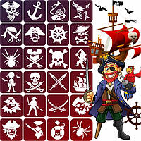 Набор трафаретов Пираты для блеск тату, био тату хной, временные тату, 6х6, 24 шт.
