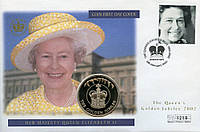 Фолклендские острова 50 пенсов 2002 UNC Золотой юбилей королевы Елизаветы II Корона в сувенирной упаковке
