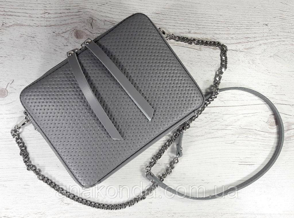 62 Натуральна шкіра Сумка жіноча крос-боді сіра Шкіряна сумочка з ремінцем із ланцюжком Сумка шкіряна сіра