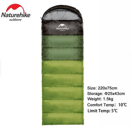 Спальний мішок з капюшоном Nature Hike U250 з Фібер підкладкою (190 + 30) x75см, вага 1,5 кг, 5-10C зелений, фото 1