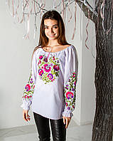 Женская блузка-вышиванка Писанка, вышивка гладь, большого размера, р. XS.S.M.L.XL.2XL бел.с фиолетом