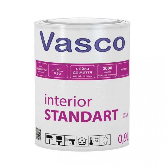 Vasco interior Standart акрилова фарба, стійка до миття 0,9 л, 2,7 л, 9 л