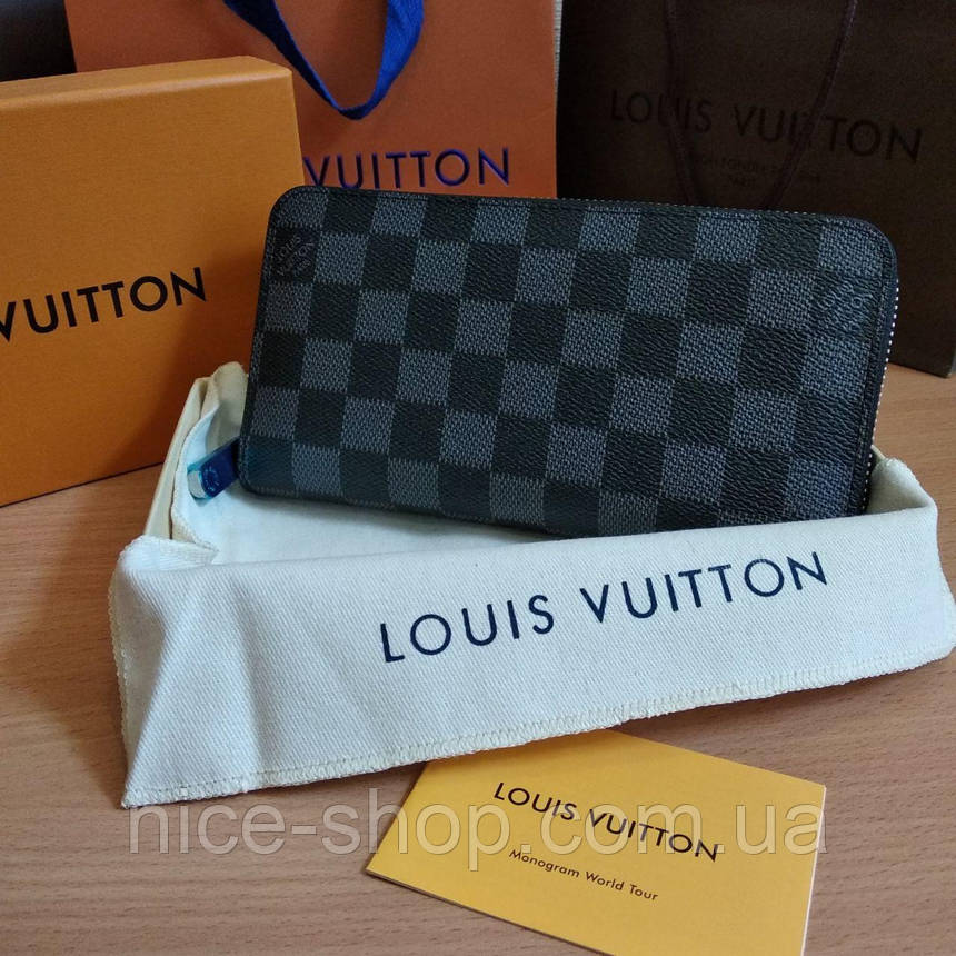 Гаманець шкіряний Louis Vuitton сіра шахматка на блискавці, фото 1