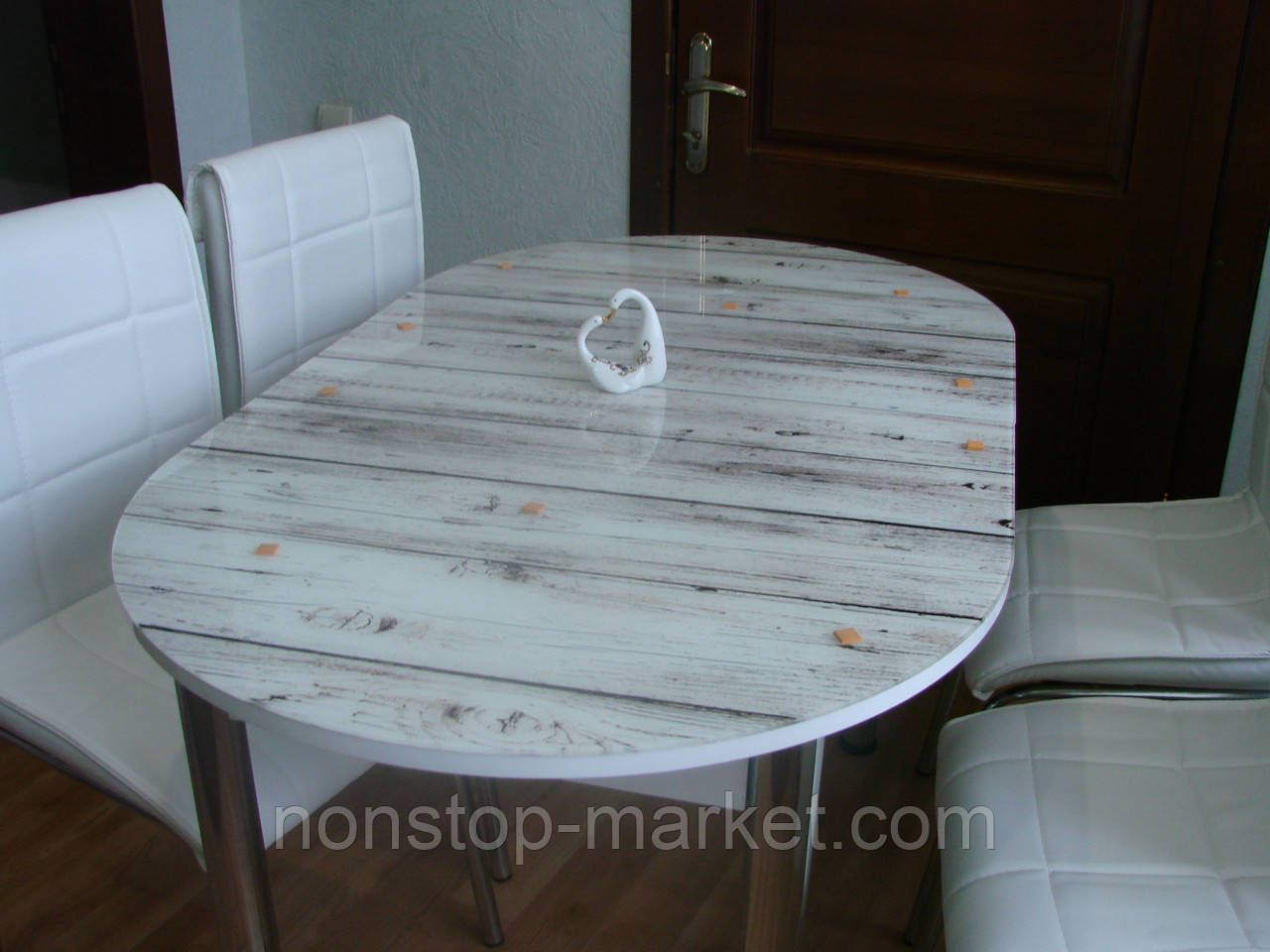 Раскладной обеденный кухонный комплект овальный стол и стулья "Светлые доски" ДСП стекло 75*130 Лотос-М - фото 1 - id-p1154453456