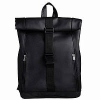 Удобный женский рюкзак роллтоп черный экокожа (качественный кожзам) городской, повседневный