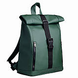 Модний великий жіночий рюкзак роллтоп темно-зелений екокожа (якісний кожзам), фото 3