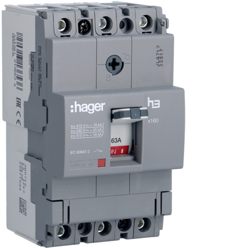 Автоматичний вимикач x160, 63А, 3п, 18kA, Тфикс./Мфикс, Hager, фото 1