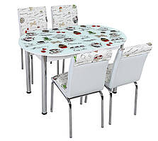 Розкладний обідній кухонний комплект овальний стіл і стільці "Чайнички" ДСП гартоване скло 75*130 Лотос-М