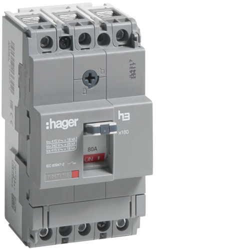 Автоматичний вимикач x160, 80А, 3п, 18kA, Тфикс./Мфикс, Hager