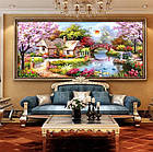 Алмазна вишивка будиночок біля річки 65х30 см, повна викладка, круглі стрази, фото 3