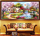 Алмазна вишивка будиночок біля річки 65х30 см, повна викладка, круглі стрази, фото 4